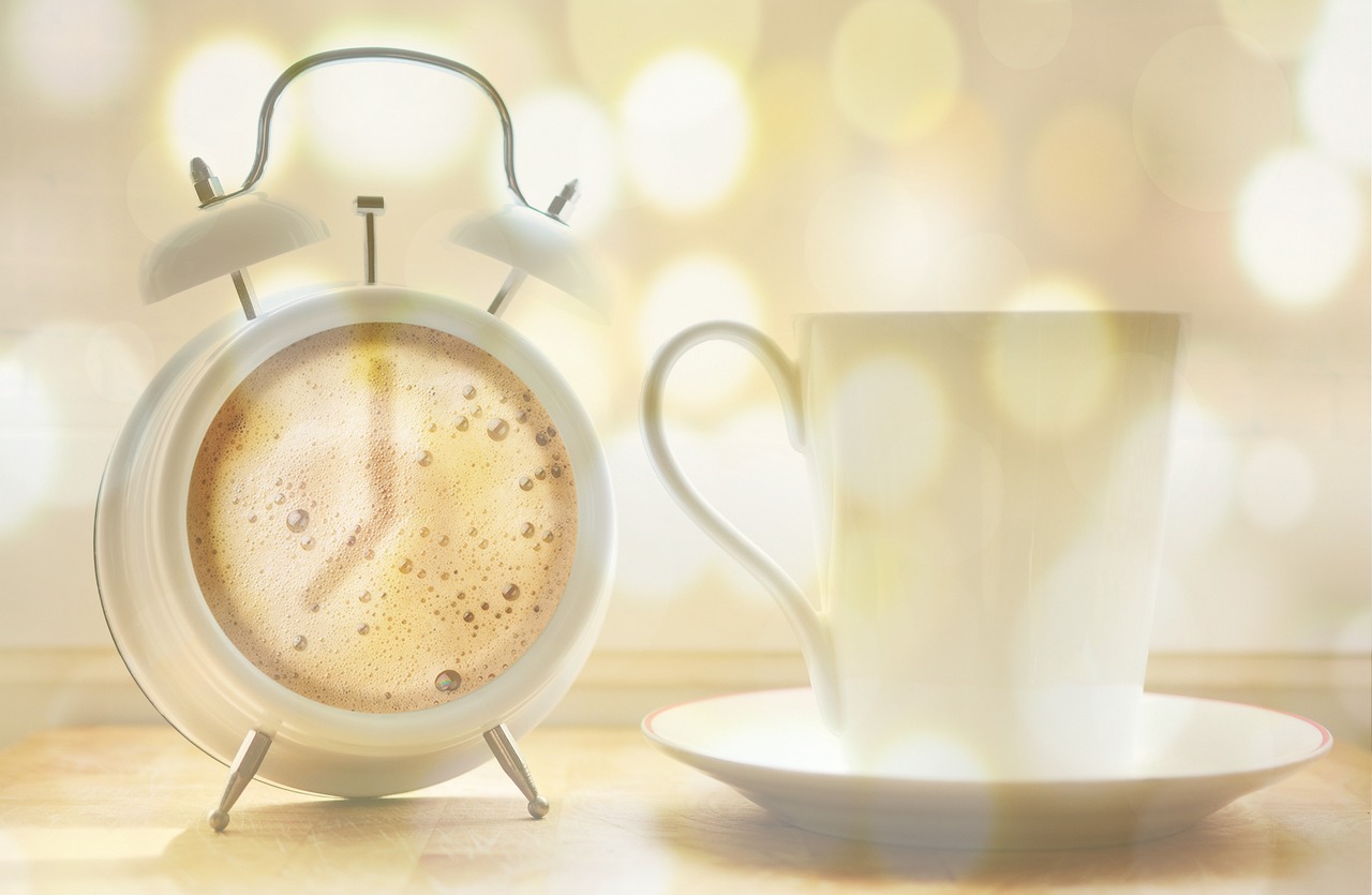 alarm clock, coffee pot, coffee